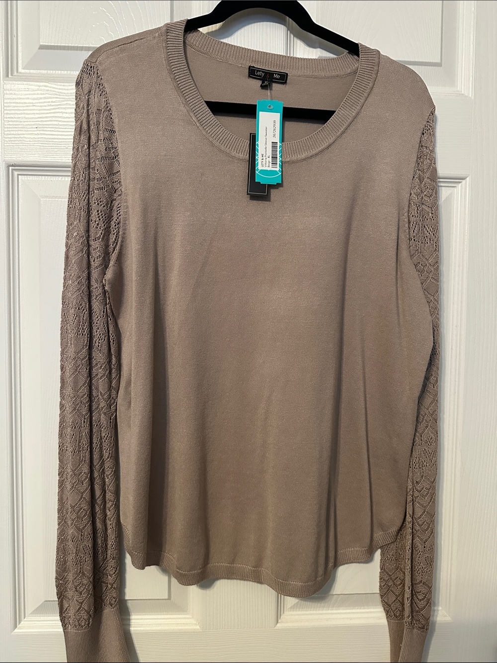 Lacy-Sleeve Crewneck Sweater in Beige by Lety & Me